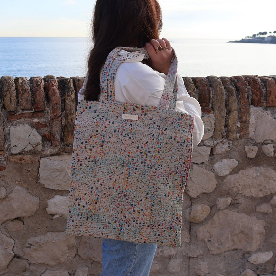 Tote bag Kantha recto blanc & pois multicolor verso vert & rouge