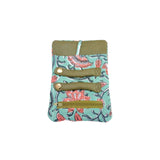 Pochette à bijoux verte et bleue à fleurs roses