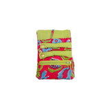 Red jewelry pouch with blue flowers and green interior