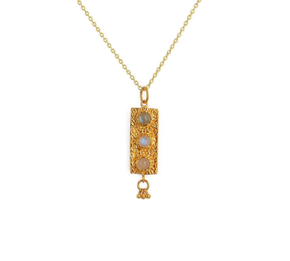 Collier doré et pendentif trilogie pierres - LABRADORITE -