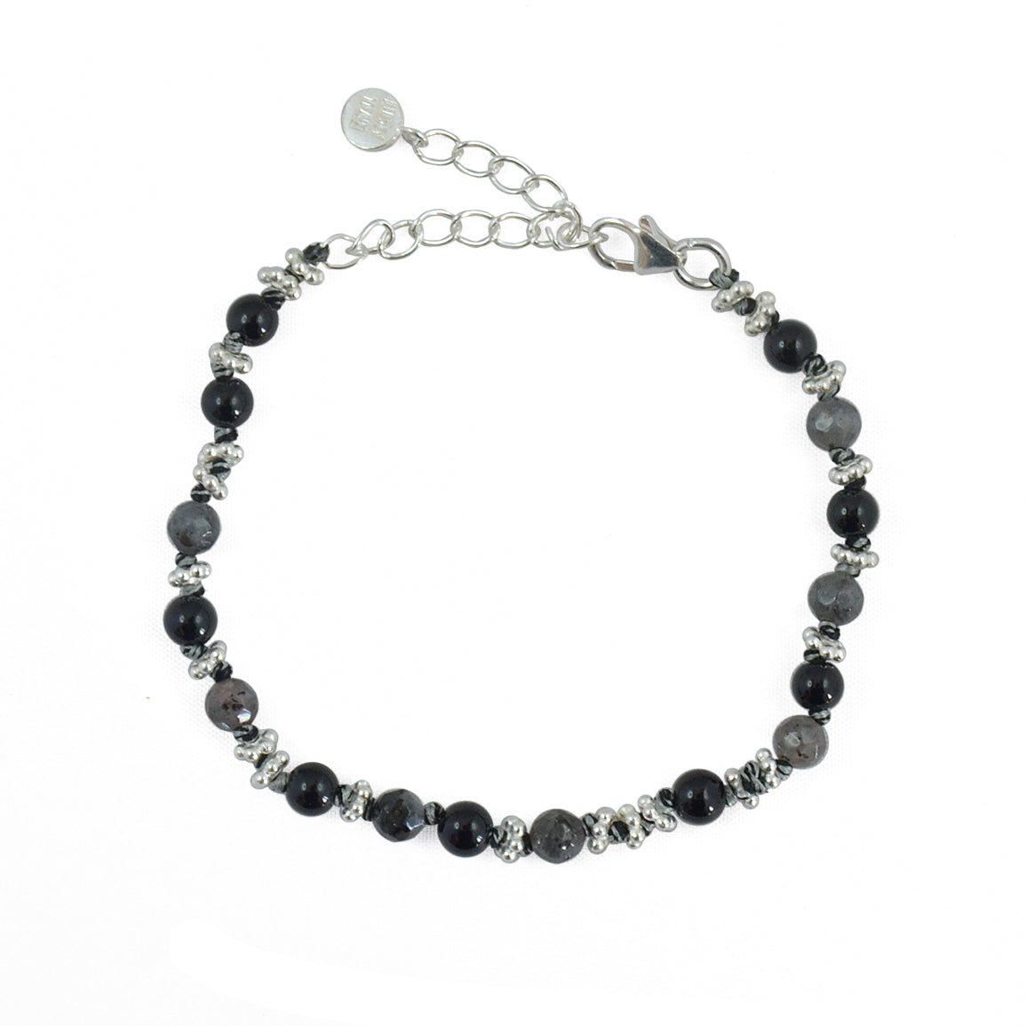 Bracelet argent 925 pierres et disques argent - AGATE NOIRE