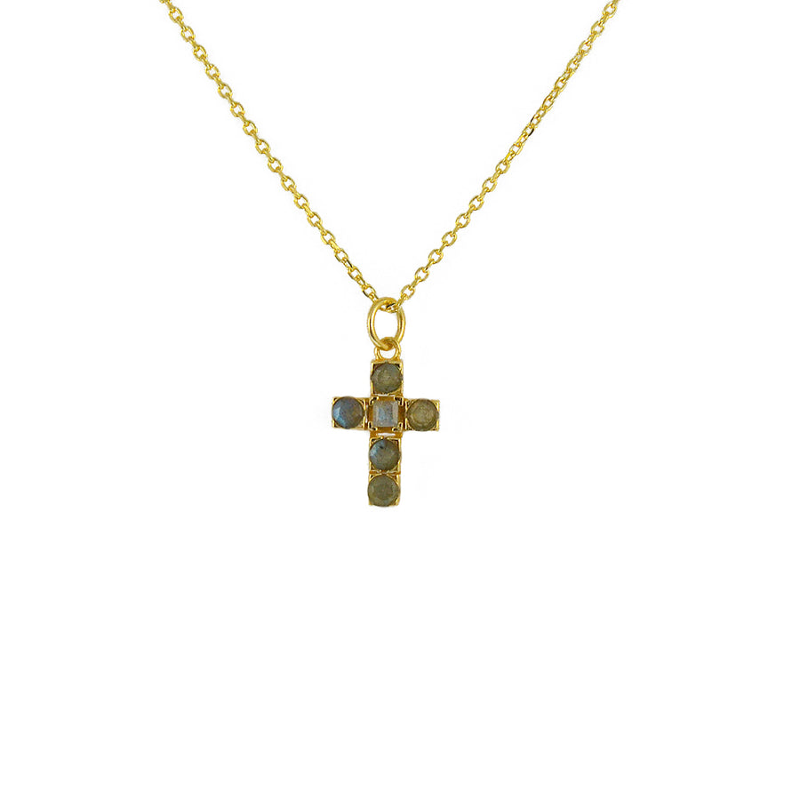 Collier doré croix carrée pierres - LABRADORITE