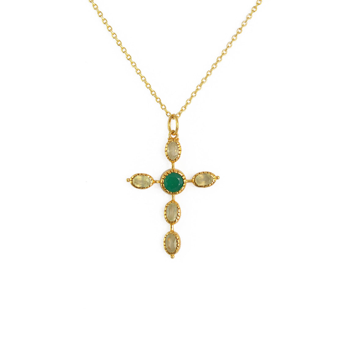 Collier doré croix gipsy pierres - ONYX VERTE & PREHNITE