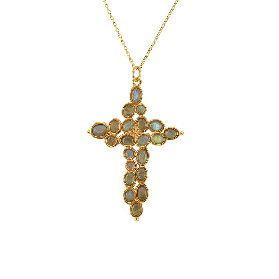 Collier doré grande croix baroque en pierre