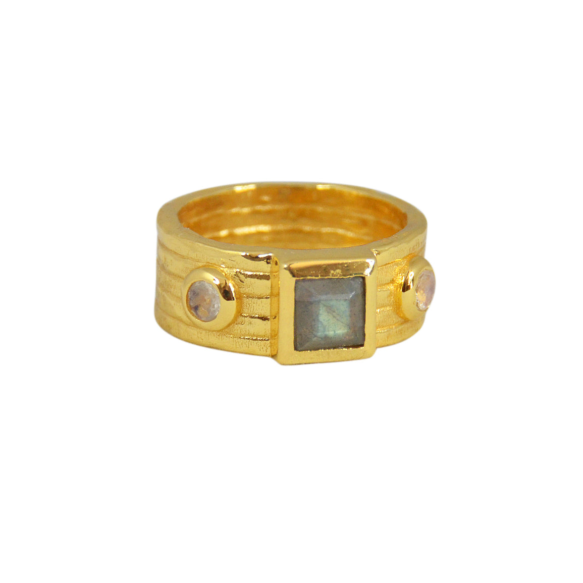 Bague dorée large et pierres - 52 / LABRADORITE & PIERRE DE