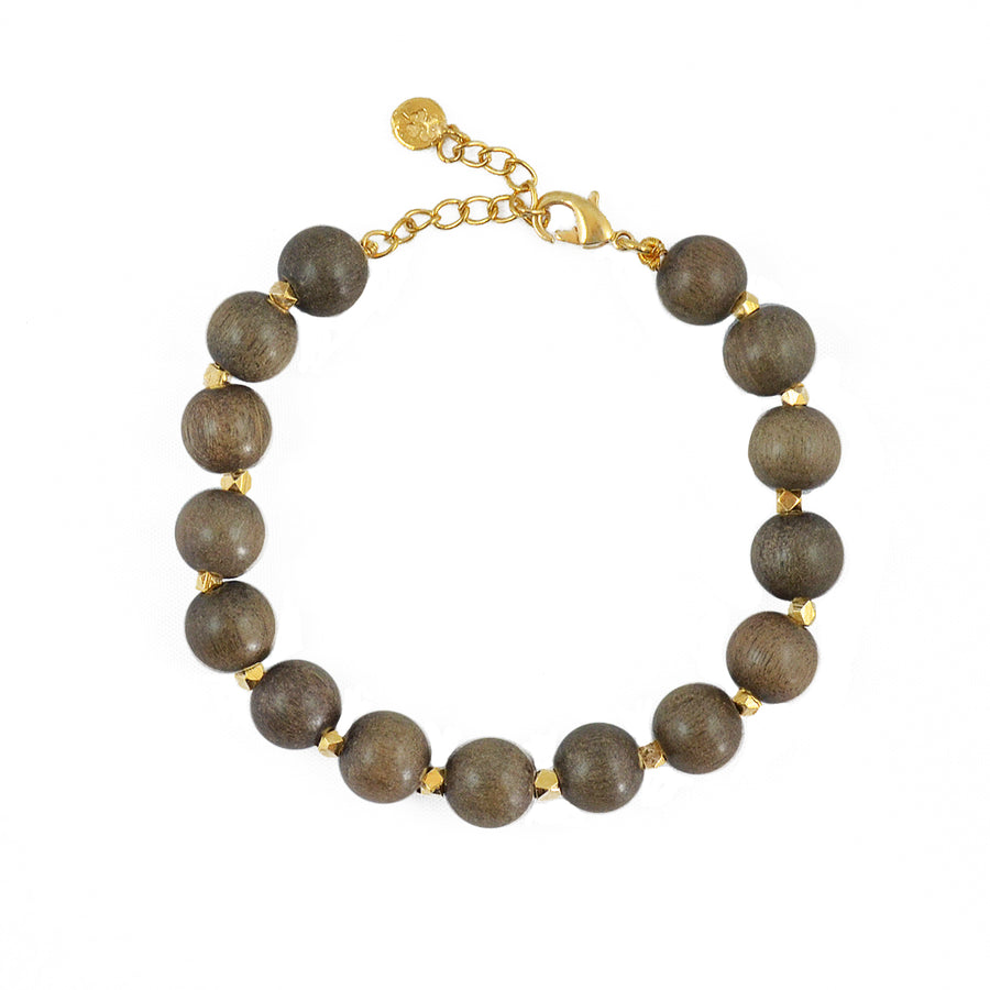 Bracelet perles en bois et perles dorées - BOIS GRIS