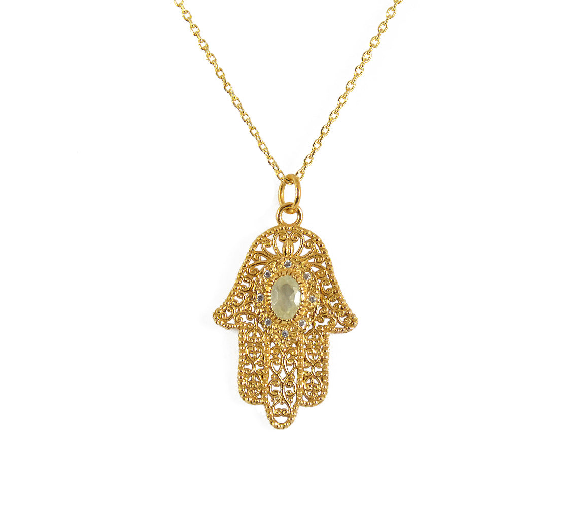Collier main de fatma dorée et pierre - PREHNITE