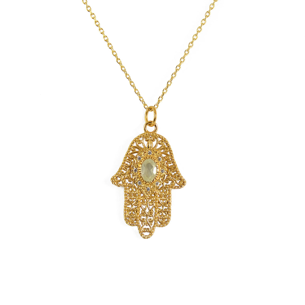 Collier main de fatma dorée et pierre - PREHNITE
