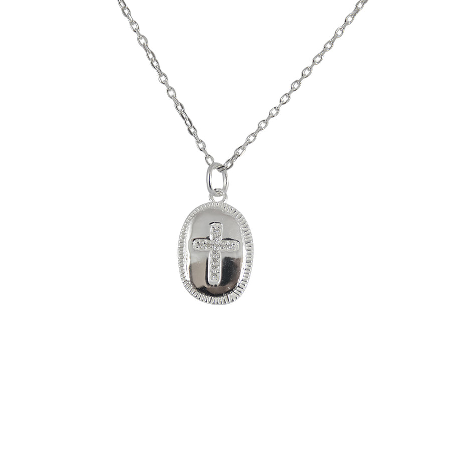 Collier argent 925 médaille ovale et croix zircons