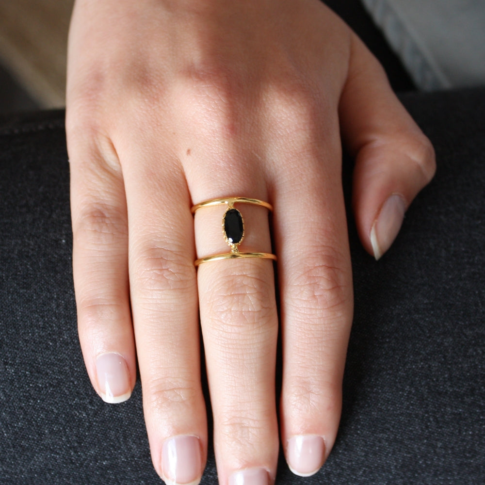 Bague double dorée et pierre ovale - Bagues