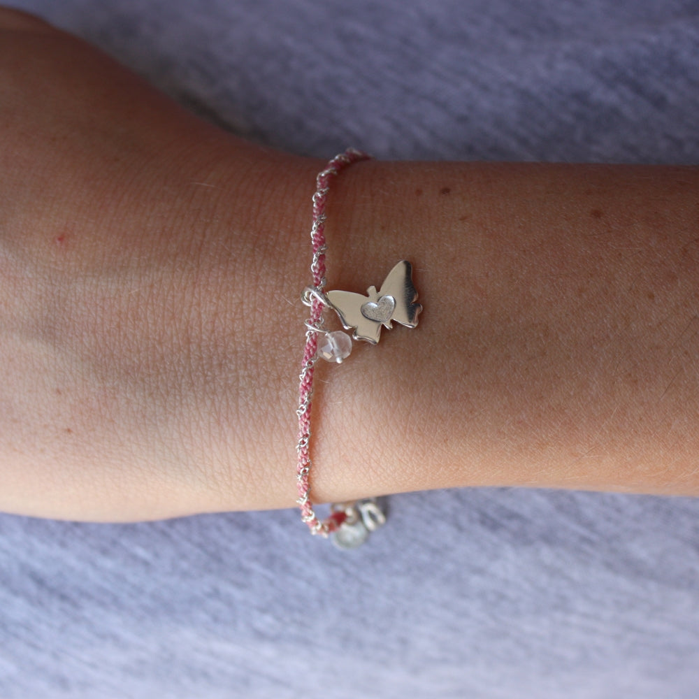 Bracelet cordon rose - Pendentif papillon