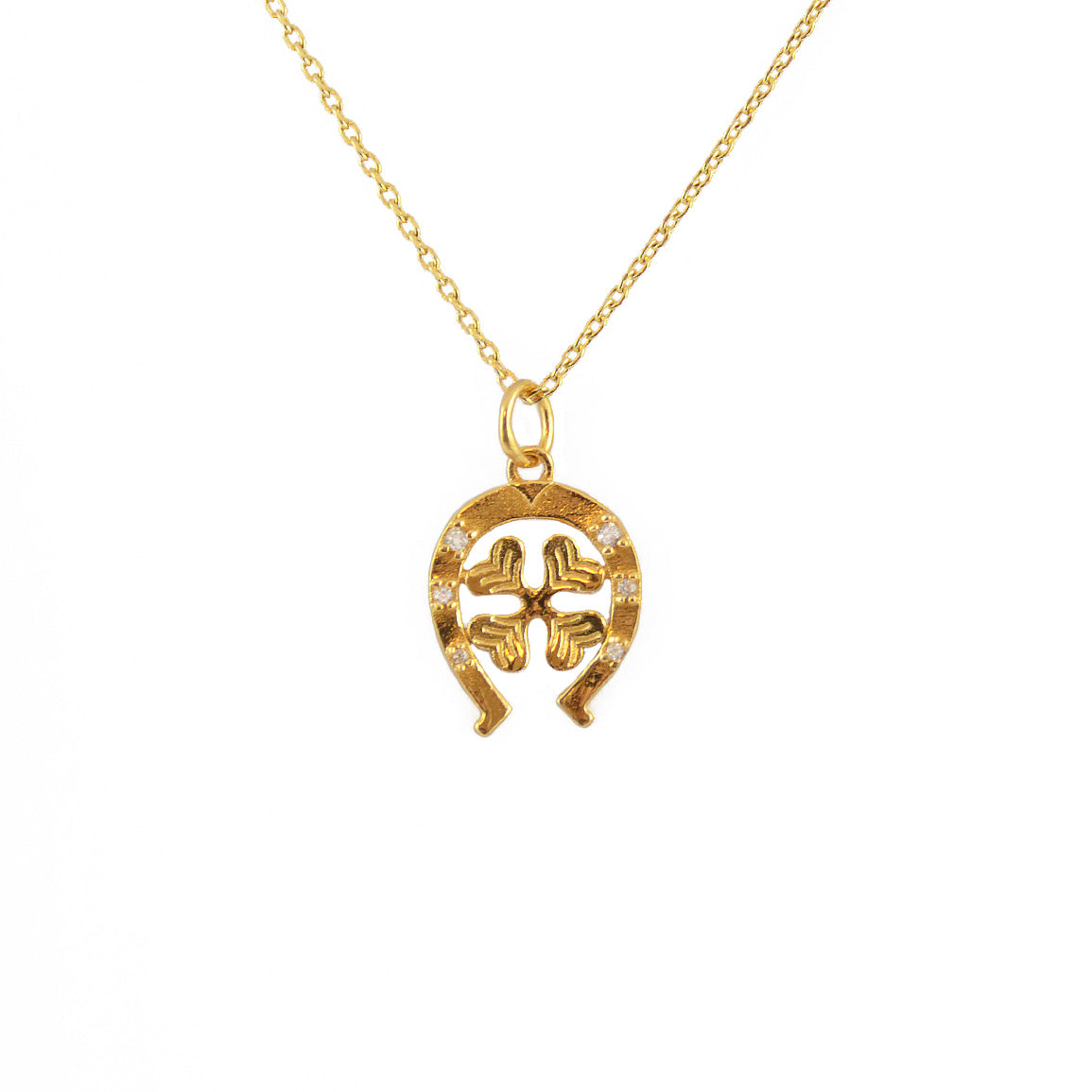 Collier doré fer à cheval trêfle et zircons - ZIRCONS BLANCS