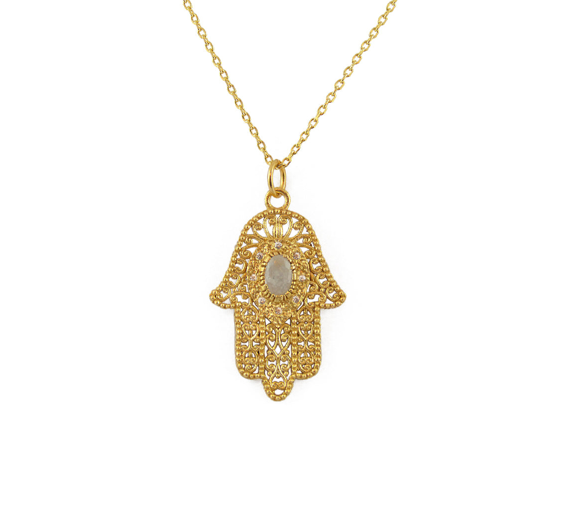 Collier main de fatma dorée et pierre - PIERRE DE LUNE