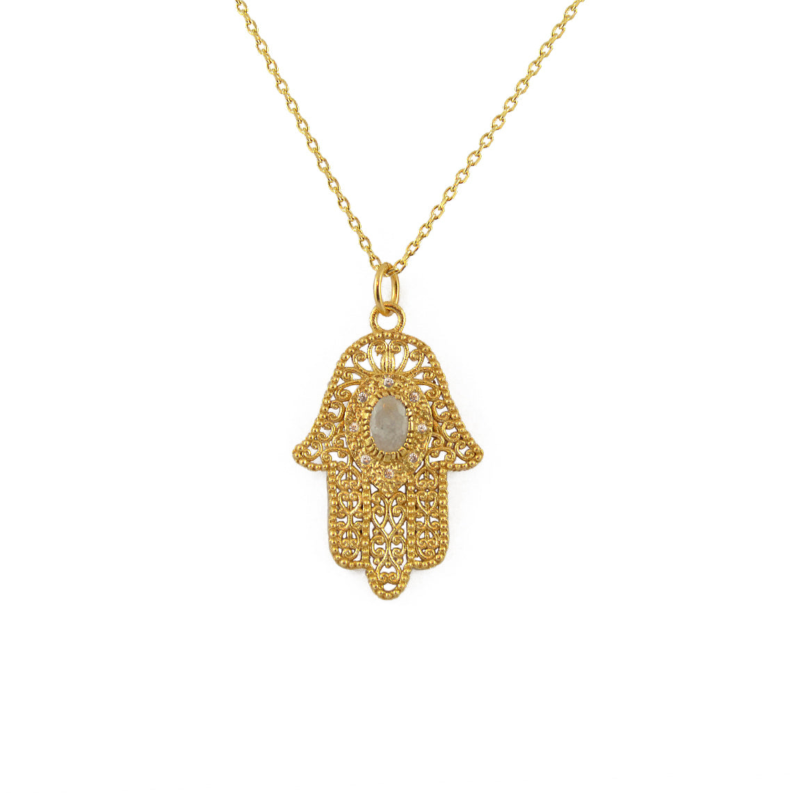 Collier main de fatma dorée et pierre - PIERRE DE LUNE