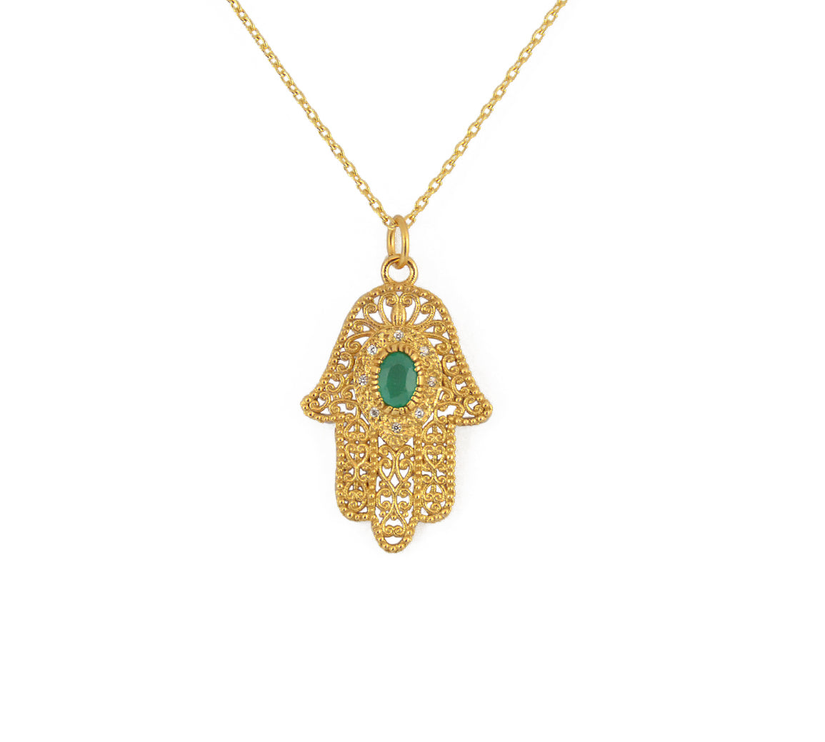Collier main de fatma dorée et pierre - ONYX VERTE
