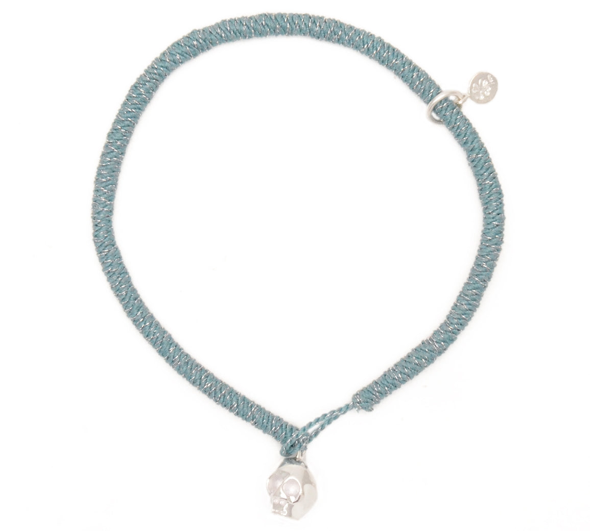 Bracelet cordon torsadé rose et argenté fermoir skull argent