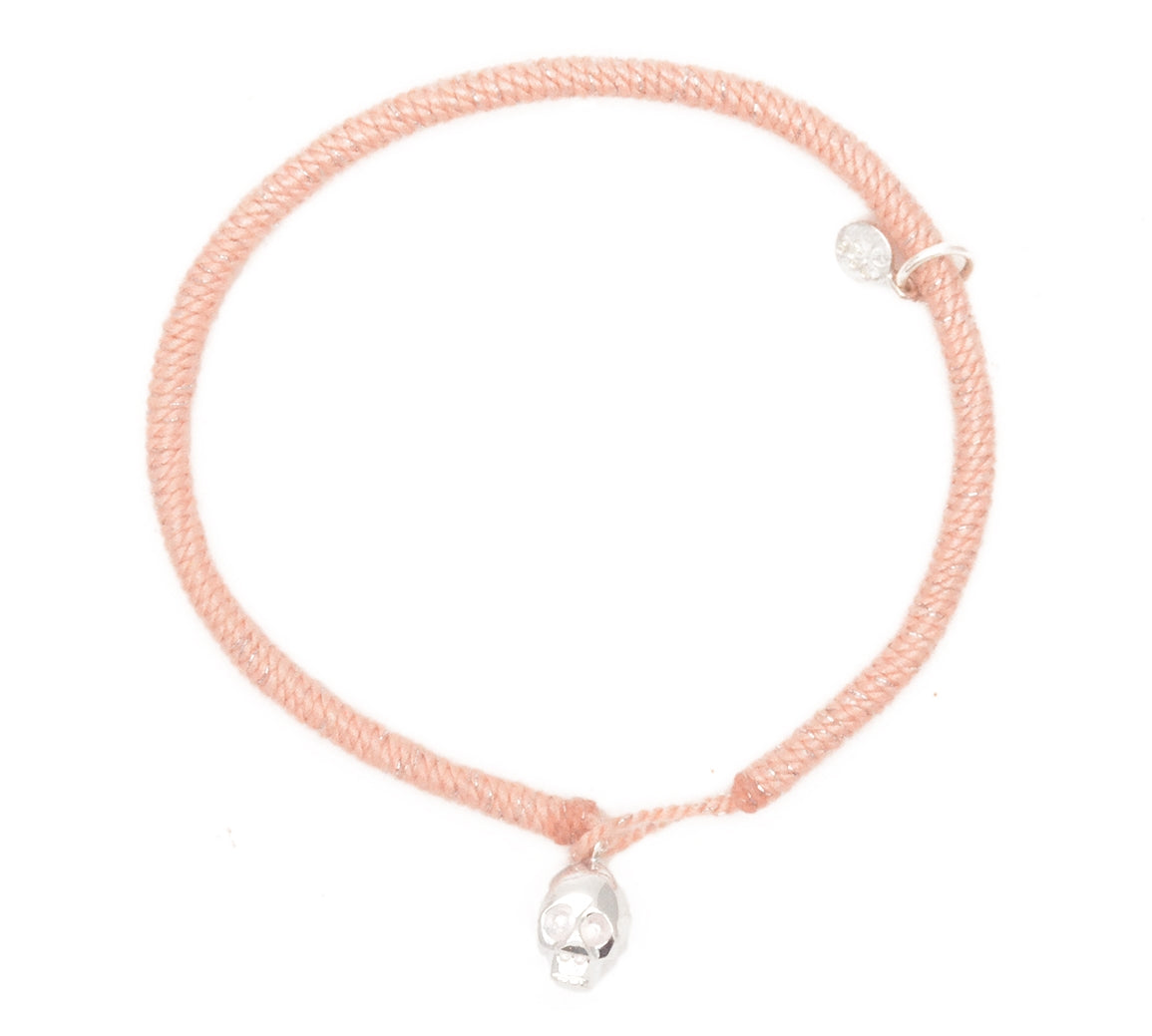Bracelet cordon torsadé rose et argenté fermoir skull argent