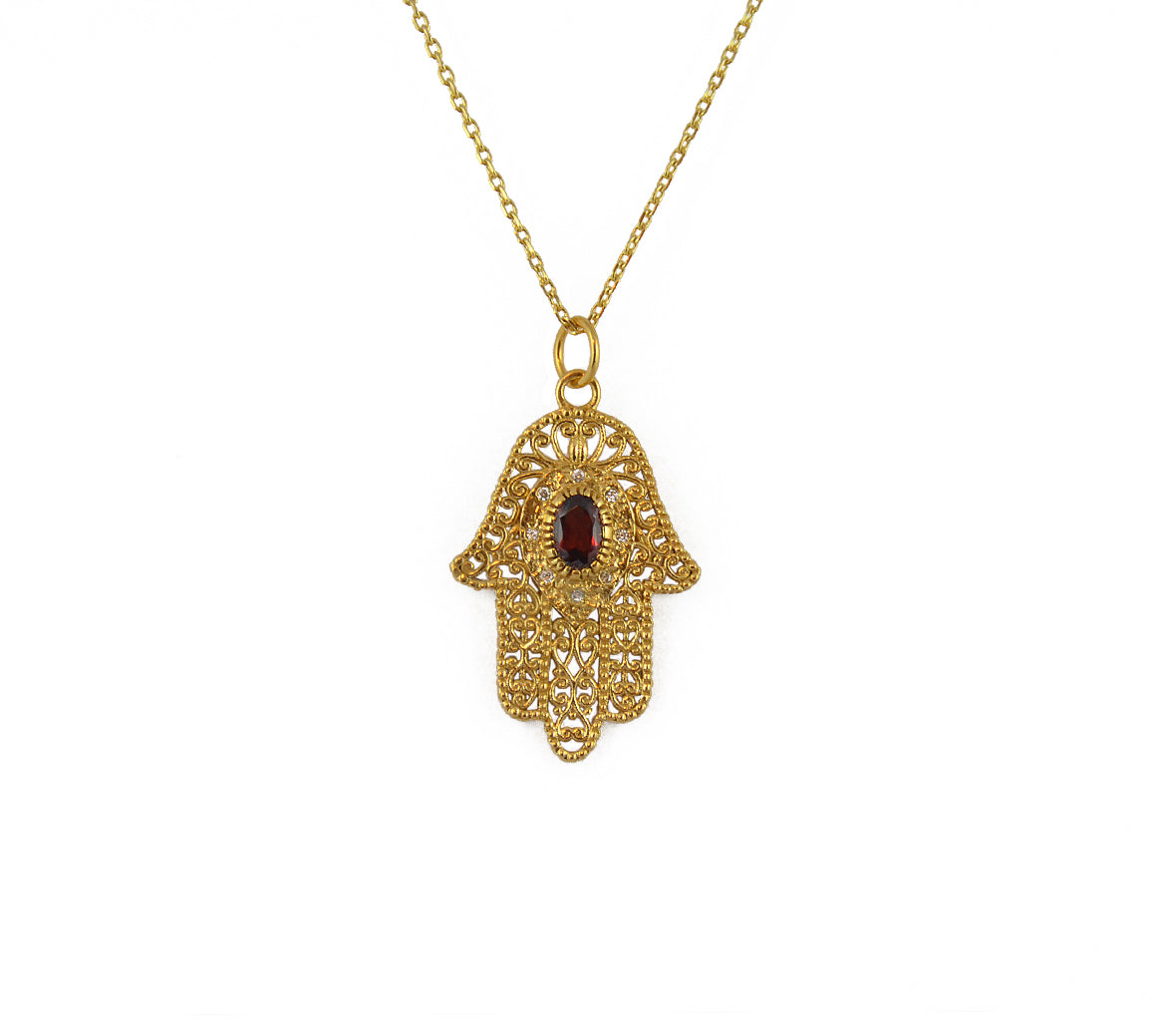Collier main de fatma dorée et pierre - GRENAT