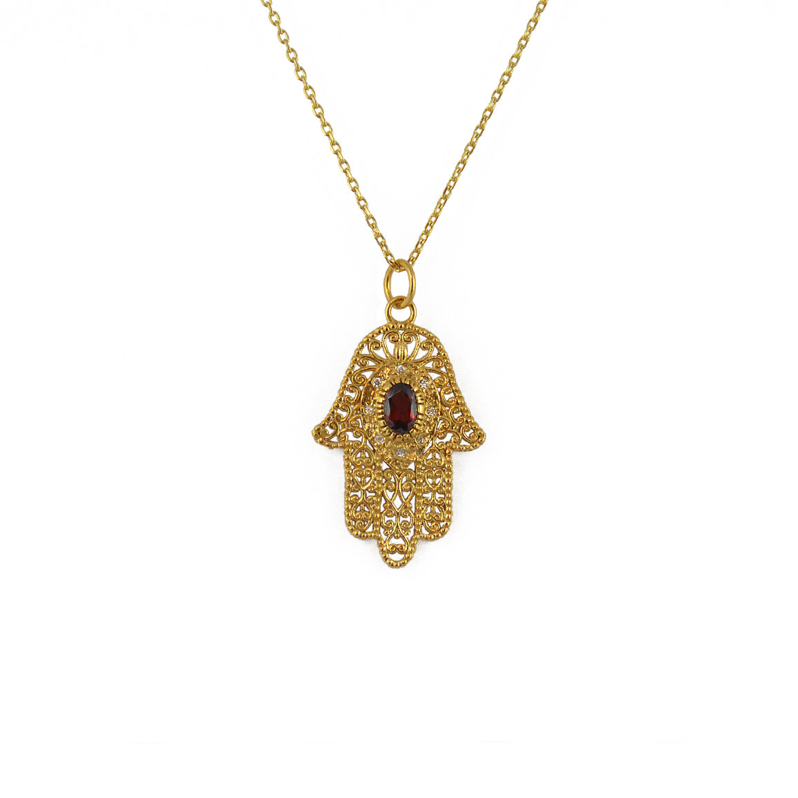 Collier main de fatma dorée et pierre - GRENAT