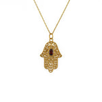 Collier main de fatma dorée et pierre - GRENAT