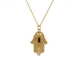 Collier main de fatma dorée et pierre - GRENAT