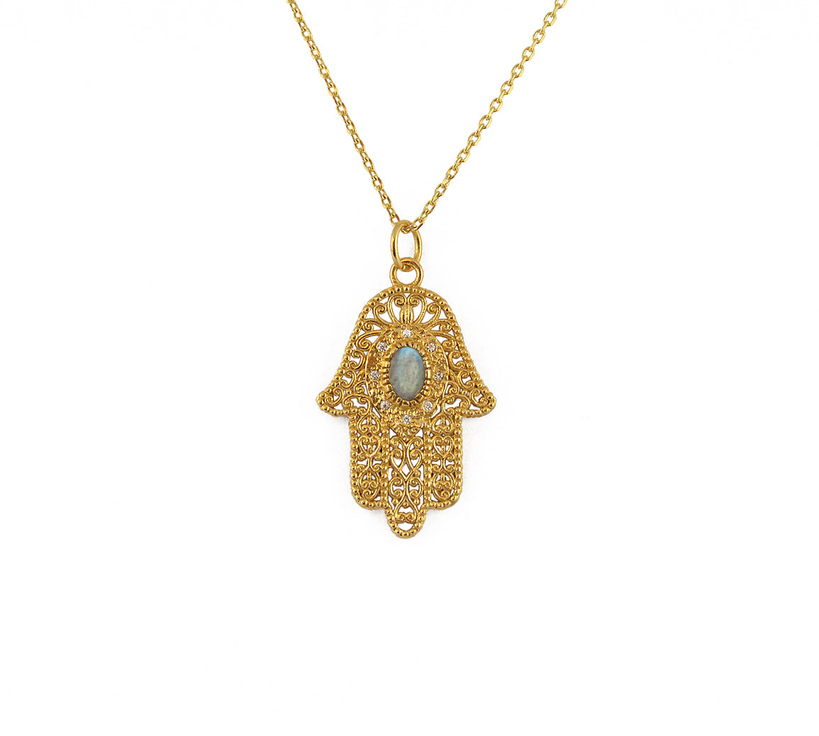 Collier main de fatma dorée et pierre - LABRADORITE