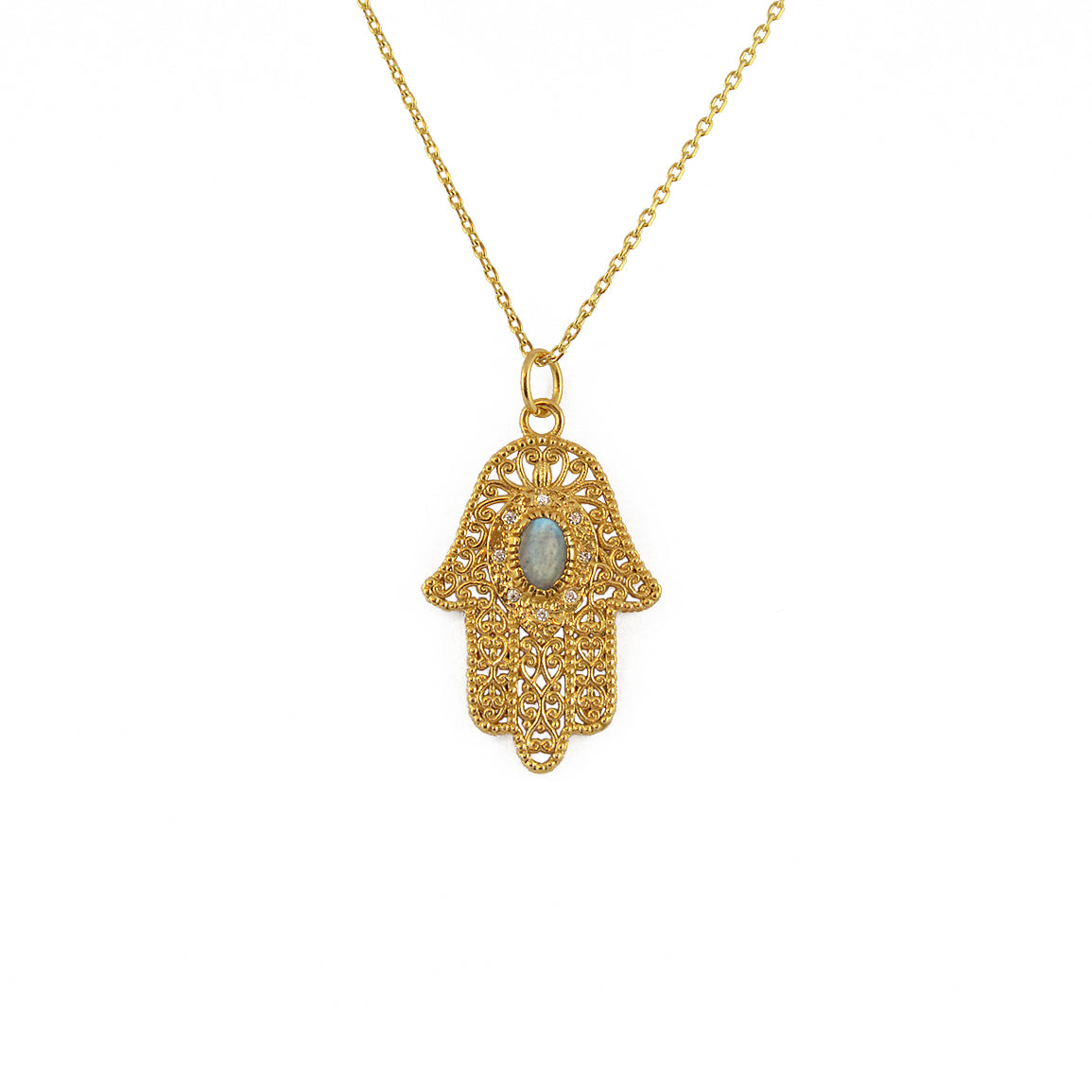 Collier main de fatma dorée et pierre - LABRADORITE