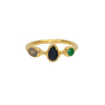 Bague trio gipsy labradorite onyx noire et onyx verte dorée