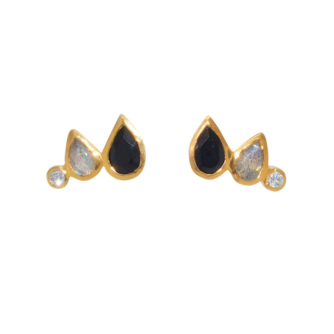 Boucles dorées et pierres gouttes - ONYX NOIRE - LABRADORITE
