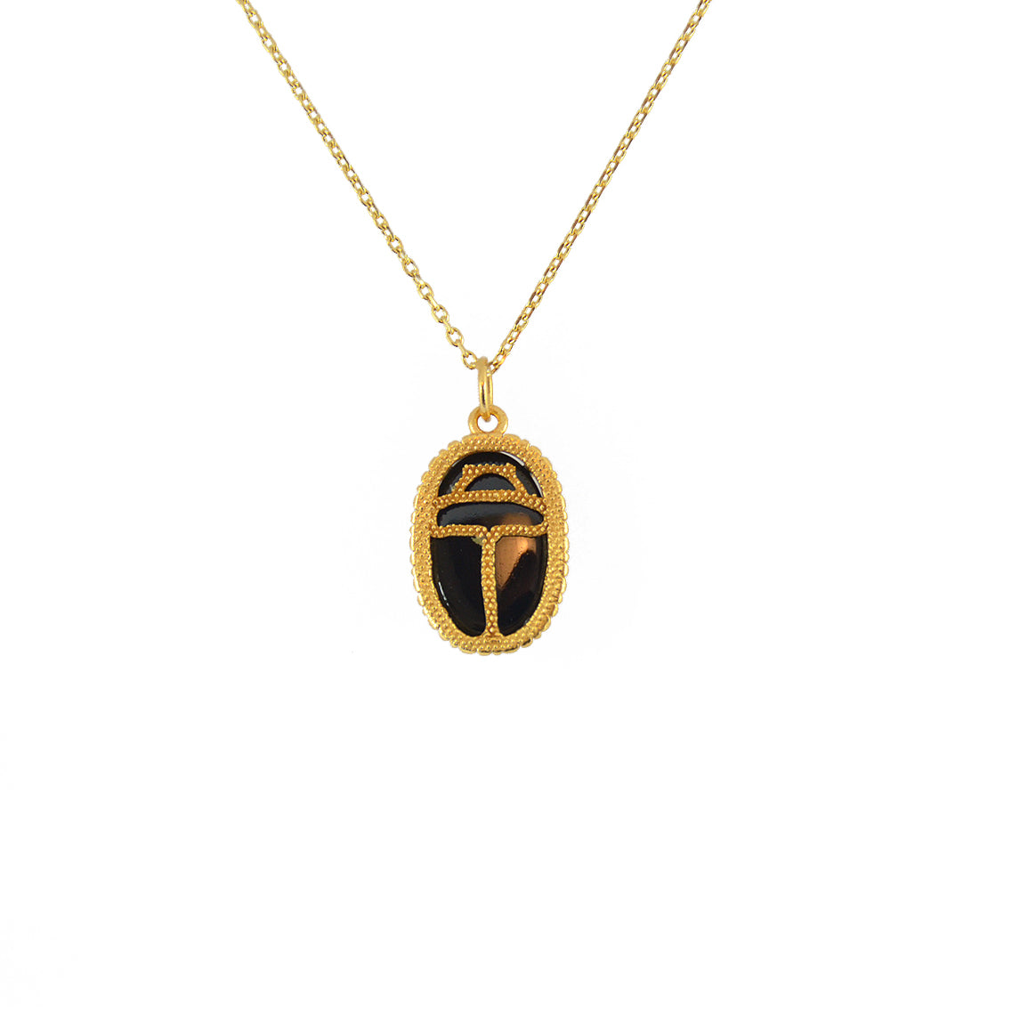Collier doré scarabée pierre bombée - ONYX NOIRE