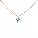Collier doré pendentif croix turquoise et zircon blanc