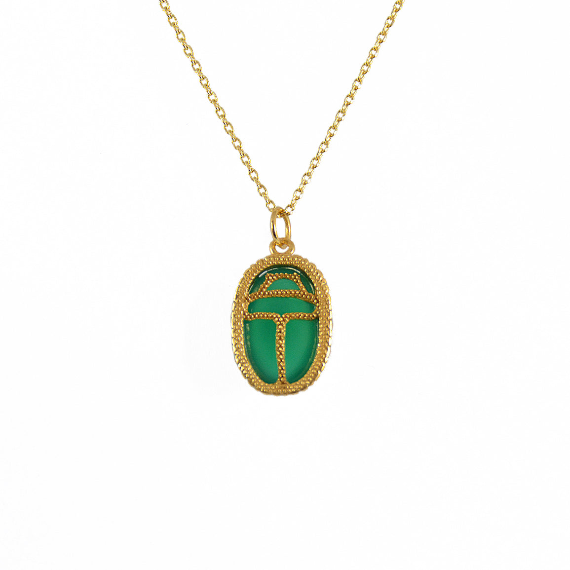 Collier doré scarabée pierre bombée - ONYX VERTE