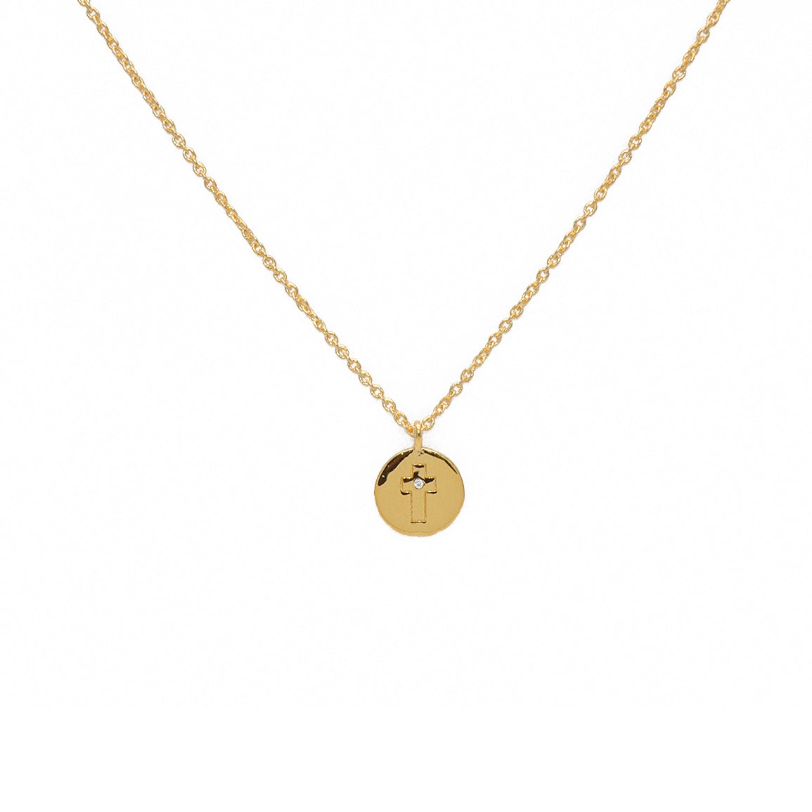 Collier doré pendentif médaille croix et zircon blanc