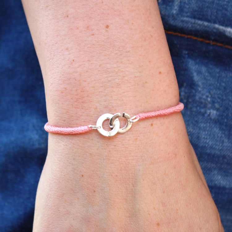 Bracelet cordon rose et anneaux argent 925