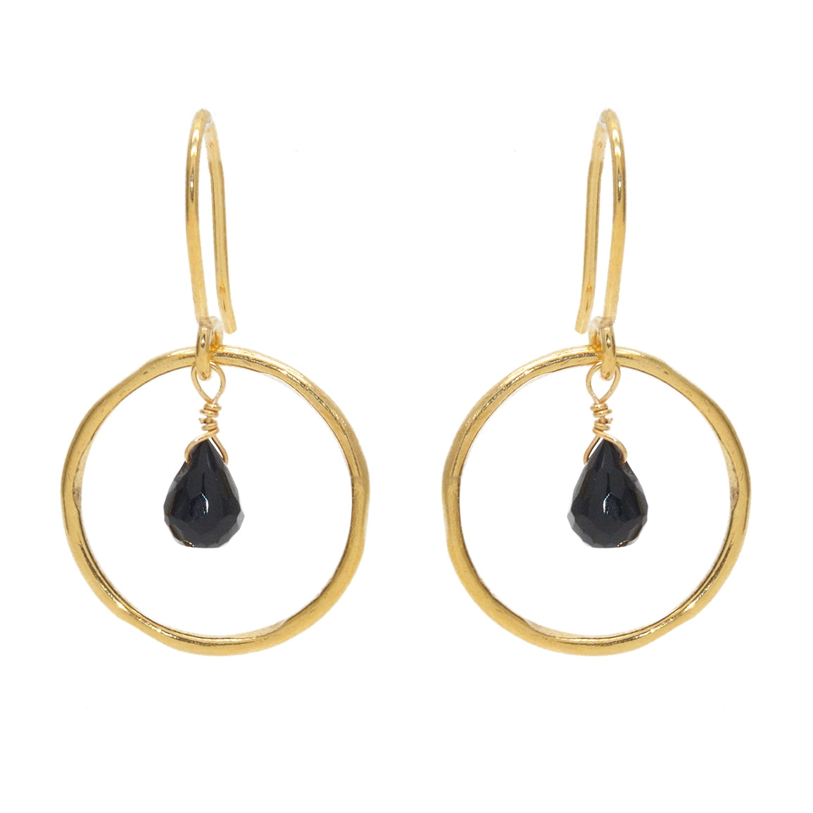 Boucles dorées anneau martelé et goutte pierre - ONYX NOIRE