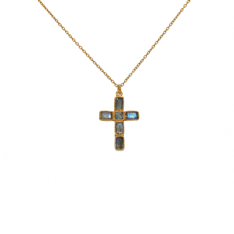 Collier doré pendentif croix et pierres - LABRADORITE