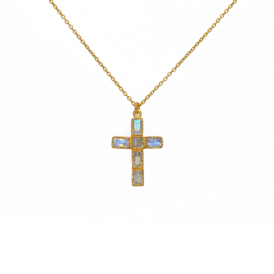 Collier doré pendentif croix et pierres - PIERRE DE LUNE