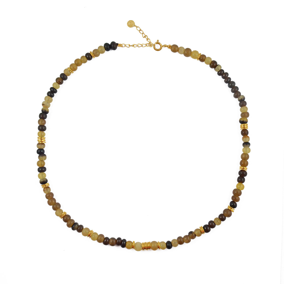 Collier perles corne et disques dorés