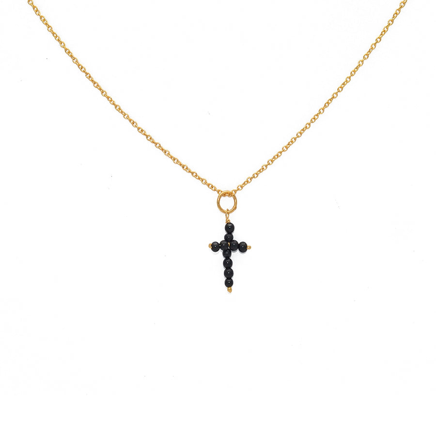 Collier doré pendentif croix pierres - ONYX NOIRE