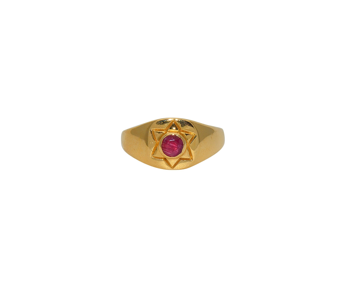 Bague dorée etoile de david et rubis - Bagues