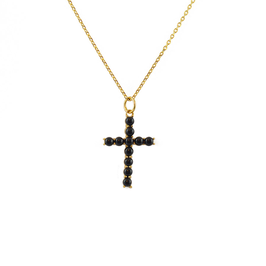 Collier doré croix en pierres naturelles - ONYX NOIRE
