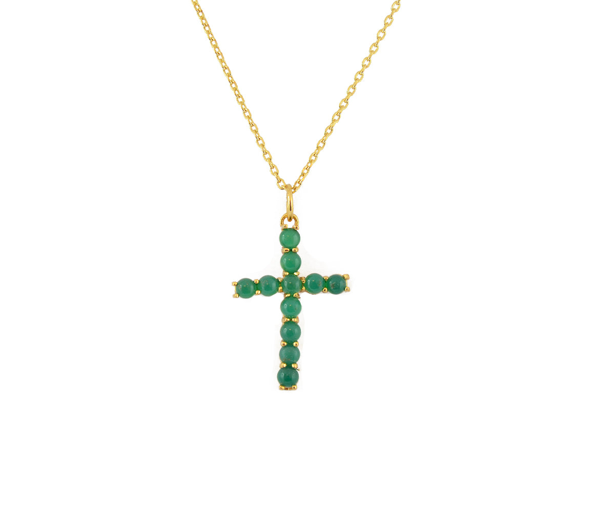 Collier doré croix en pierres naturelles - ONYX VERTE