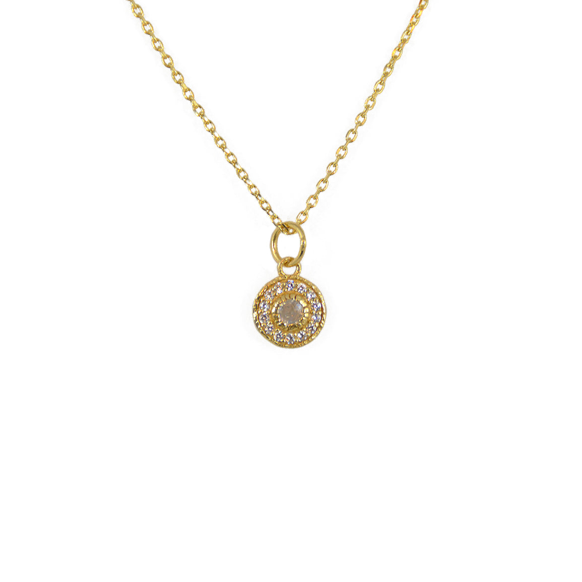 Collier doré petite médaille ronde pierre et zircons -