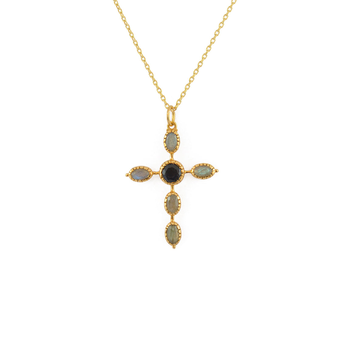 Collier doré croix gipsy pierres - ONYX NOIRE & LABRADORITE
