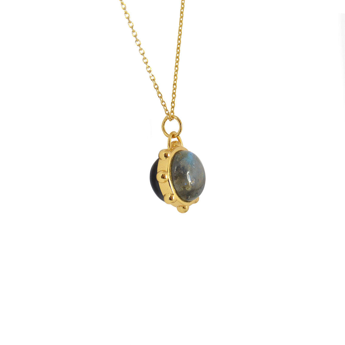 Collier dorée sphere deux pierres - ONYX NOIRE & LABRADORITE