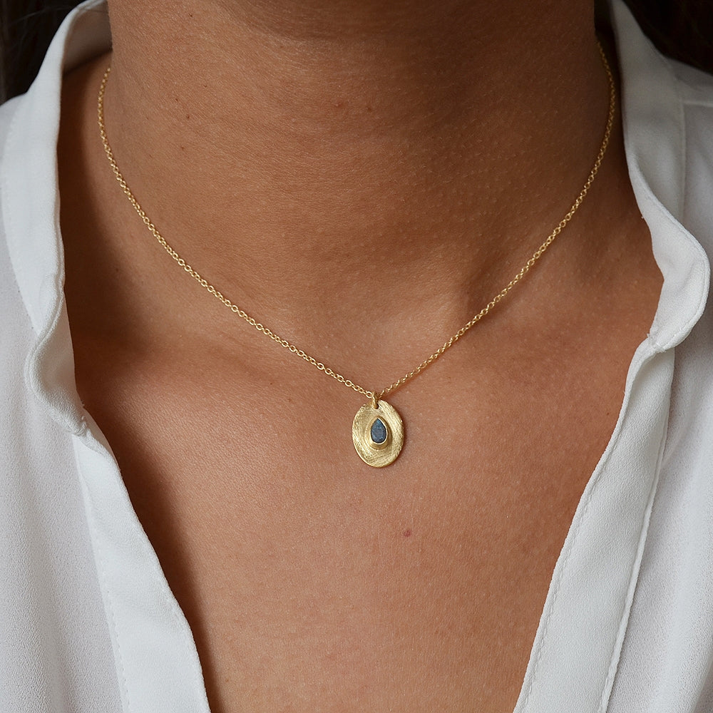 Collier doré pendentif brossé et pierre goutte - LABRADORITE