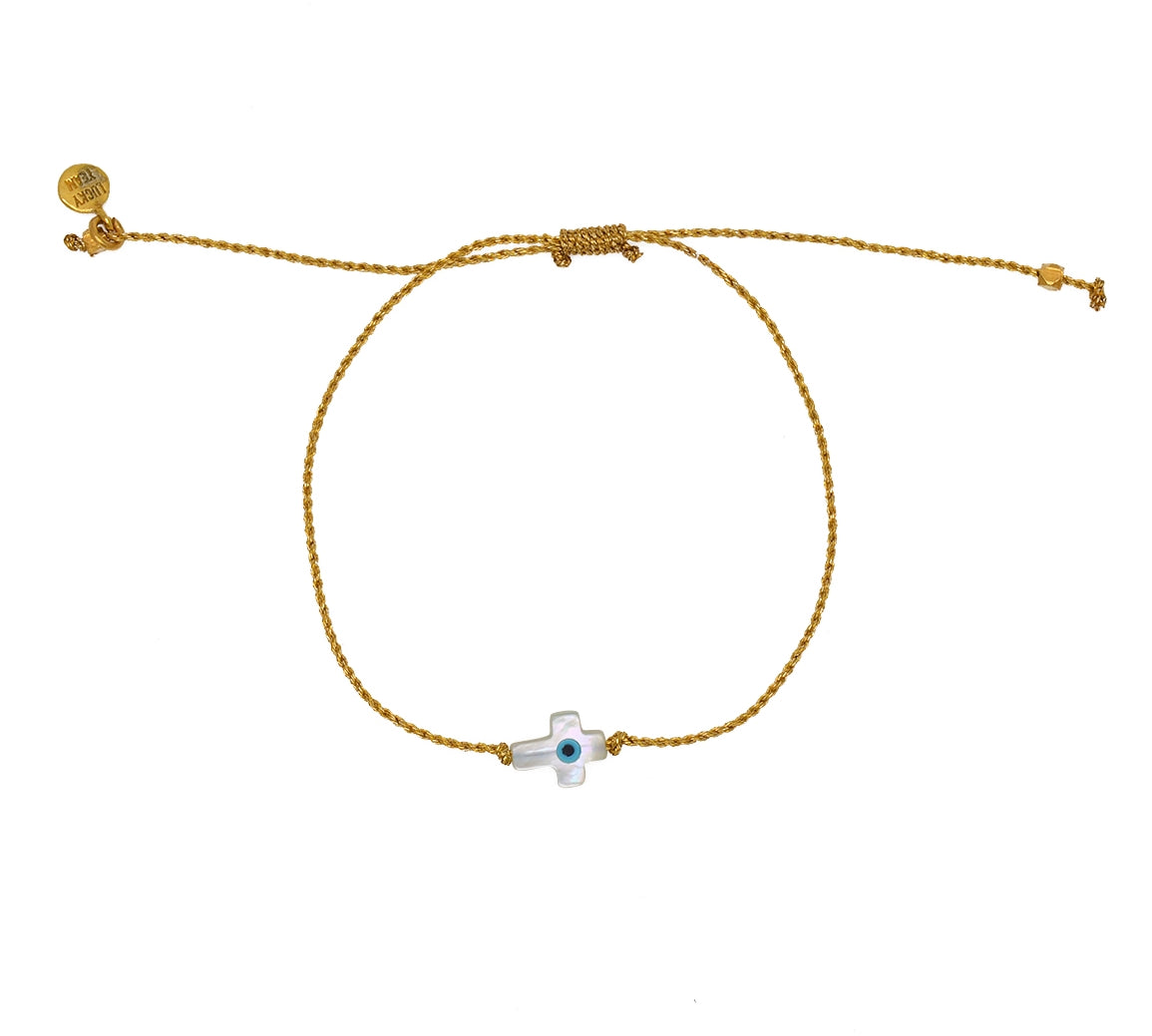 Bracelet tressé doré et croix avec oeil