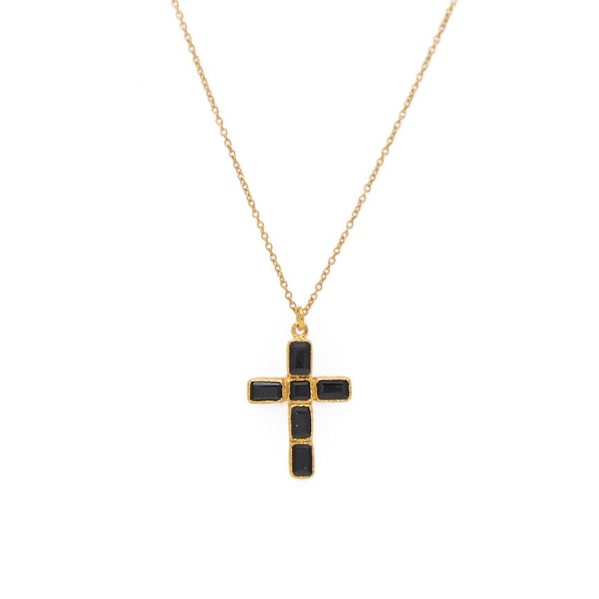Collier doré pendentif croix et pierres - ONYX NOIRE