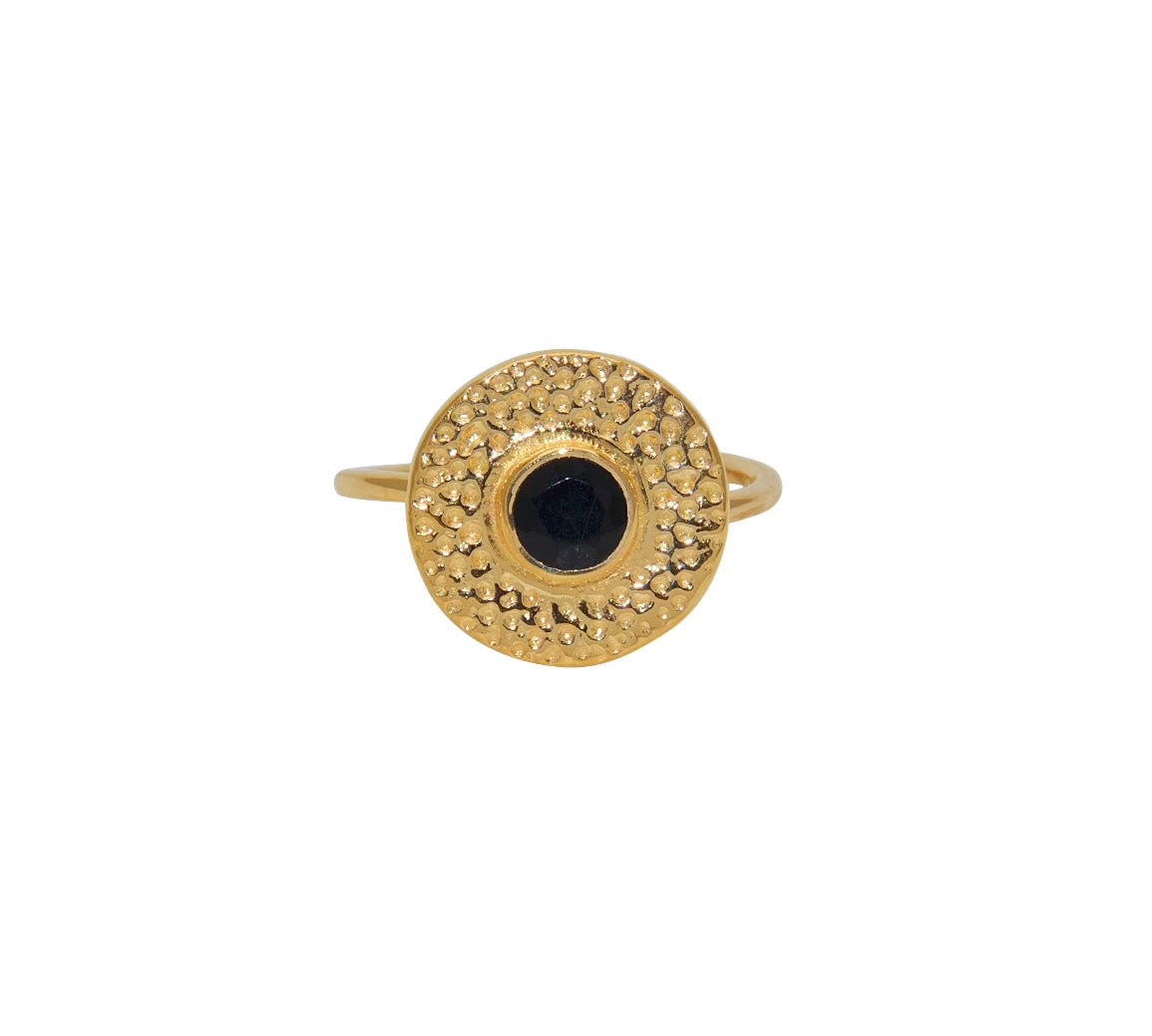 Bague dorée ronde martelée et pierre - 50 / ONYX NOIRE