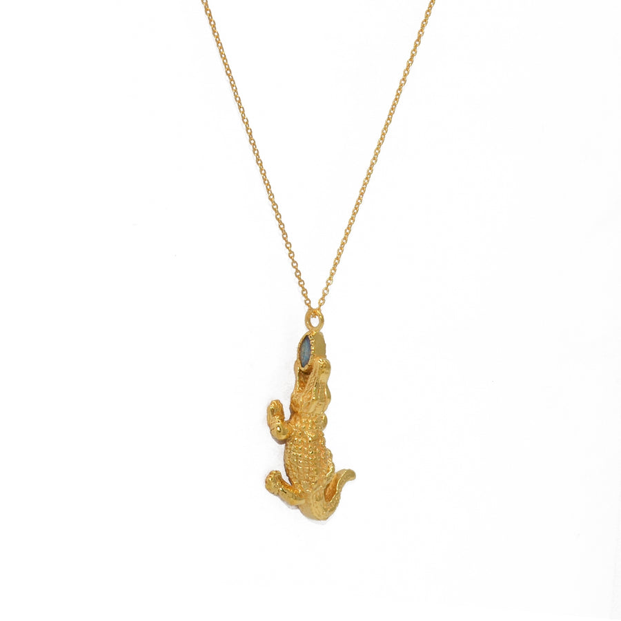 Collier doré pendentif crocodile et pierre - LABRADORITE